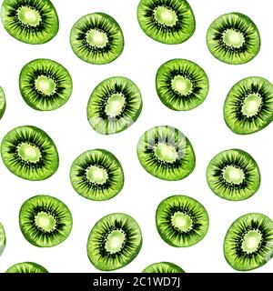 Kiwi pattern, seamless background, tropical fruits in watercolor paint drawing texture. Kiwi fruits slices pattern, green summer food design for textile or fabric print and decoration background Stock Photo