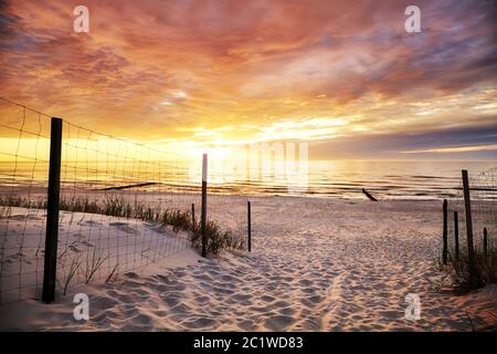 Beach entrance at a beautiful sunset. Stock Photo