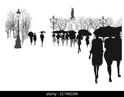 People under rain in a city - vector illustration  (Ideal for printing on fabric or paper, poster or wallpaper, house decoration) Stock Vector