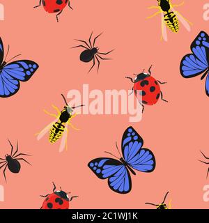 Pink Seamles Pattern Background Wallpaper with Different Insects: Wasps, Laybugs, Spiders and Butterflies Stock Vector