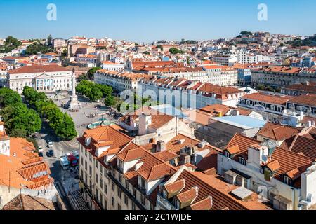 View of Rossio Square (Pedro IV Square), and the National Theatre, from the upper level of the Elevador de Santa Justa, Lisbon Portugal Stock Photo