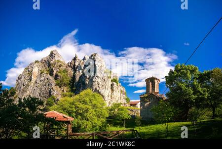 Exterior view to St. Nicola Shishevski monastery at the mountains above Matka Canyon, North Macedonia Stock Photo