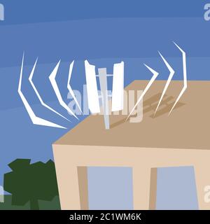 Mobile communications antenna on top of residential building. 5G transmission. Quirky polygon style illustration. Stock Vector