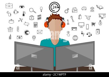 Software engineer isolated on white. Computer programmer, analyst, manager, businessman, marketer  at work. Website services developer. Stock vector Stock Vector