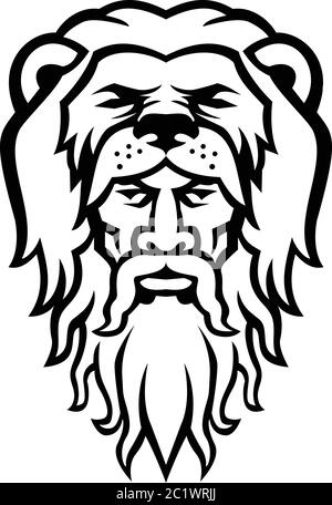 Black and white mascot illustration of head of Hercules or Heracles, a Roman hero and mythology god, son of Jupiter wearing a lion skin pelt viewed fr Stock Vector