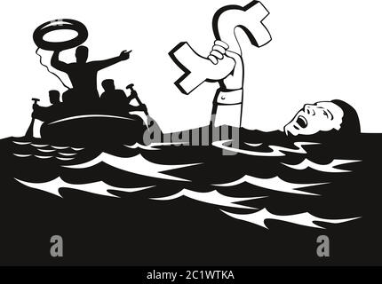 Retro style illustration of a businessman or drowning in debt holding on to dollar money sign while being rescued and given a lifesaver by a rescue pa Stock Vector