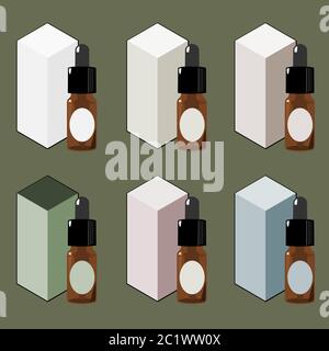 Vector mock-up package and dropper glass bottle set for medication or beauty product isolated on earth tone Stock Vector