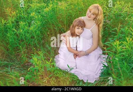 Child photo session in a lupine field with a pregnant mother. Selective focus. Stock Photo