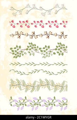 Set of floral seamless border with green leaf branches, pink sweet pea flowers, lilac, cotton bunch. Summer textile collection. Desig for tape, paper, fabric. Stock Vector