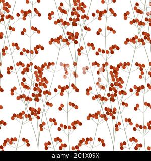 Doodle red berry branches seamless pattern for packaging design. Repeat vector texture for fabric, background, textile, wrapping paper. Autumn backdrop. Stock Vector