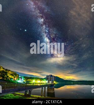 Night landscape at a hydroelectric dam with galaxies shining in the sky. Stock Photo