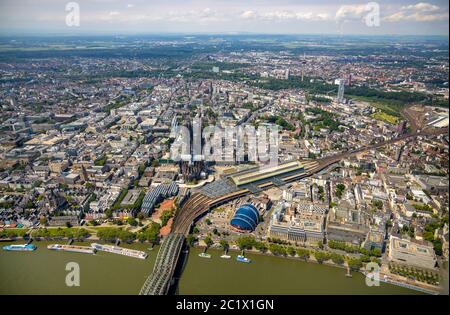 city centre of Cologne with cathedral, main station ans Musical Dome, 05.06.2020, Luftbild, Germany, North Rhine-Westphalia, Rhineland, Cologne