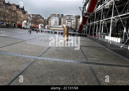 France Paris  12 - 2019:   Pompidou Centre, a complex building in the Beaubourg area, the first major example of an 'inside-out' building in architect Stock Photo