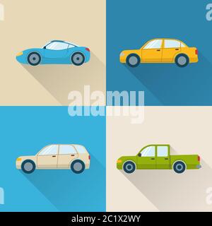 Set of flat car icons with long shadow Stock Vector