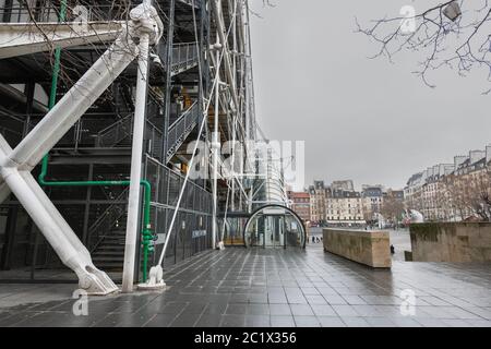 France Paris  12 - 2019:   Pompidou Centre, a complex building in the Beaubourg area, the first major example of an 'inside-out' building in architect Stock Photo