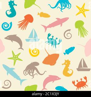 Seamless background with small sea animals silhouettes Stock Vector