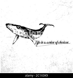 Silhouettes of sperm whale, cachalot, sea animals black and white vector illustration minimal style. Stylish modern background Stock Vector