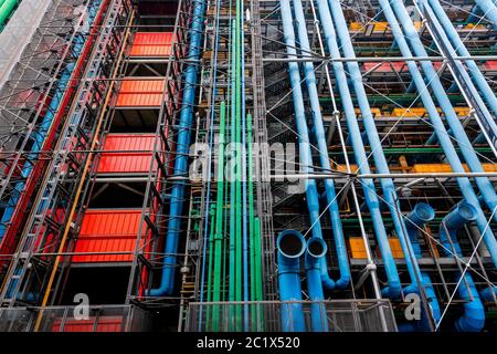 France Paris  12 - 2019:   Pompidou Centre, a complex building in the Beaubourg area, the first major example of an 'inside-out' building in architect Stock Photo