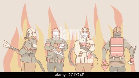 Firefighters on the background of flames vector cartoon outline illustration. Brave firemen extinguish fire with fire hose and rescue equipment and holding saved cat. Firefighting emergency concept. Stock Vector