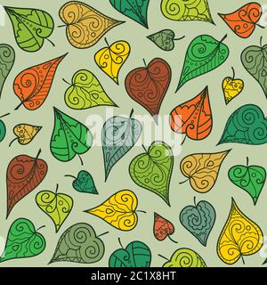 Bright seamless pattern with different doodle leaves Stock Vector