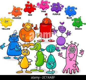 Educational Cartoon Illustration of Basic Colors with Aliens or Fantasy Characters Group Stock Vector