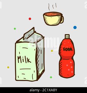 Coffee, milk, and soft drink vector illustration. Flat cartoon style Stock Vector