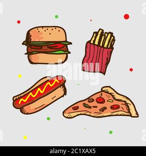 Burger, french fries, Hotdog, and pizza slice vector illustration. Flat cartoon style Stock Vector
