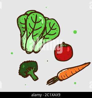Turnip, tomatoe, broccoli, and carrot vector illustration. Vegetable. Flat cartoon style Stock Vector