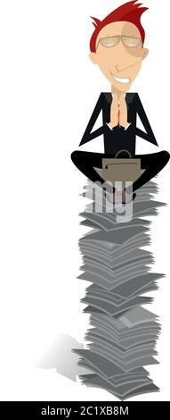 Too much documents or books and man concept illustration.Man with eyes closed prays or meditates sitting as yoga on the high pile of papers or books Stock Vector