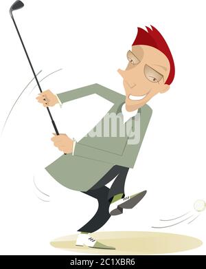 Golfer man on the golf course illustration. Smiling golfer man aiming to do a good kick isolated on white Stock Vector