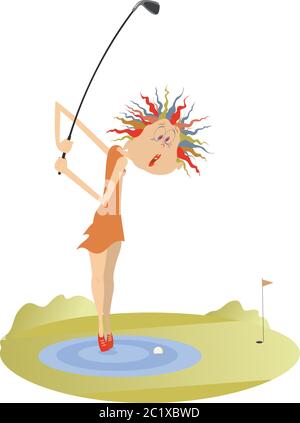 Woman and problem kick on the golf course illustration. Funny golfer woman stands on the water is thinking how to do a kick from the water obstacle Stock Vector