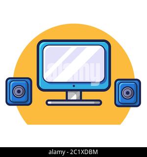 Computer monitor with audio speakers vector illustration. Flat cartoon style Stock Vector