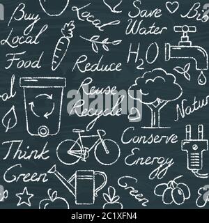 Chalkboard seamless pattern with ecology symbols and lettering in sketch style Stock Vector
