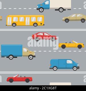 Seamless pattern with urban transport on the road - cars, trucks, bus Stock Vector