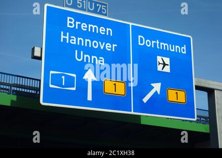 Federal Motorway Exit  Bremen, Hannover, A1, Unna, Dortmund, Airport, U51, U75, B1 Stock Photo