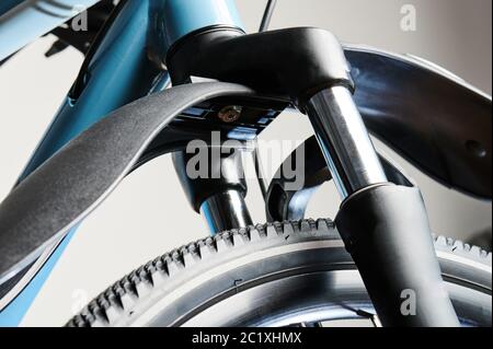 Shock absorber in bicycle fork close up view Stock Photo