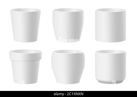 Vector set of realistic white flower pots isolated on white background. Pots of different shapes. 3D illustration Stock Vector