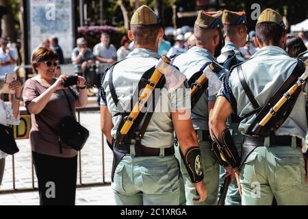 Seville, Spain - May 30, 2019: Spanish legion soldiers (unit of the Spanish Army and Spain's Rapid Reaction Force.)  during display of Spanish Armed F Stock Photo