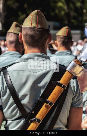 Seville, Spain - May 30, 2019: Spanish legion soldiers (unit of the Spanish Army and Spain's Rapid Reaction Force.)  during display of Spanish Armed F Stock Photo