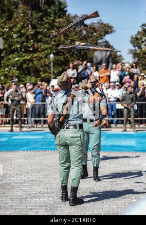 Seville, Spain - May 30, 2019: Spanish legion soldierS (unit of the Spanish Army and Spain's Rapid Reaction Force.)  during display of Spanish Armed F Stock Photo