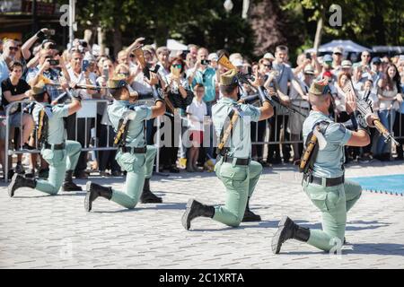 Seville, Spain - May 30, 2019: Spanish legion soldiers (unit of the Spanish Army and Spain's Rapid Reaction Force.)  during display of Spanish Armed F Stock Photo