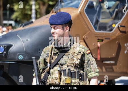 Portrait of Spanish soldier during display of spanish Armed Forces Day in Seville, Spain Stock Photo