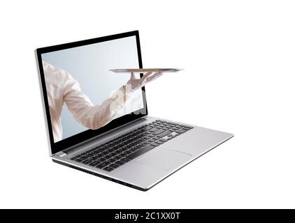 Waiter holding empty silver tray out of a laptop screen isolated on white Stock Photo