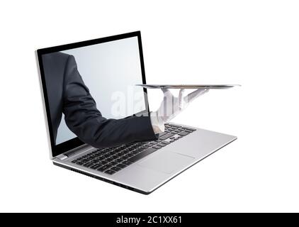 Waiter holding empty silver tray out of a laptop screen, isolated on white Stock Photo