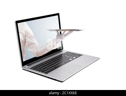 Waiter holding empty silver tray out of a laptop screen isolated on white Stock Photo