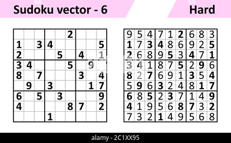 Sudoku game with answers. Simple vector design set Sudoku. Blank template. Complexity of the task is hard. Stock Vector