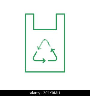 Plastic bag with recycle sign line icon. Arrows form recycle symbol. Reusable handbag. Green outline on white background. Simple recycle triangle bag Stock Vector