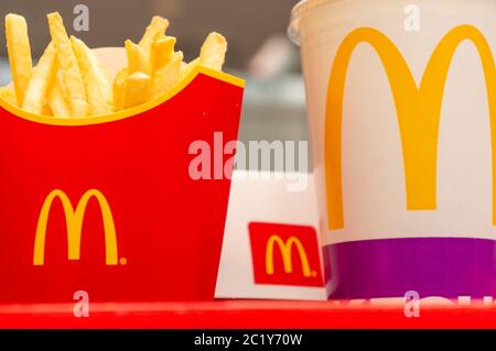 Moscow, Russia, March 15 2018: McDonald's Big Mac hamburger menu, French Fries and Coca Cola. Fast meal food. Snack in cafe dinn Stock Photo