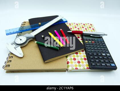 Different school supplies isolated on white. Back to school Stock Photo