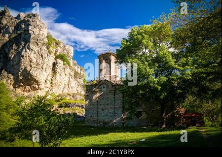 Exterior view to St. Nicola Shishevski monastery at the mountains Matka Canyon, Stock Photo